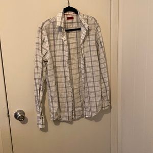 White and grey plaid long sleeve button up